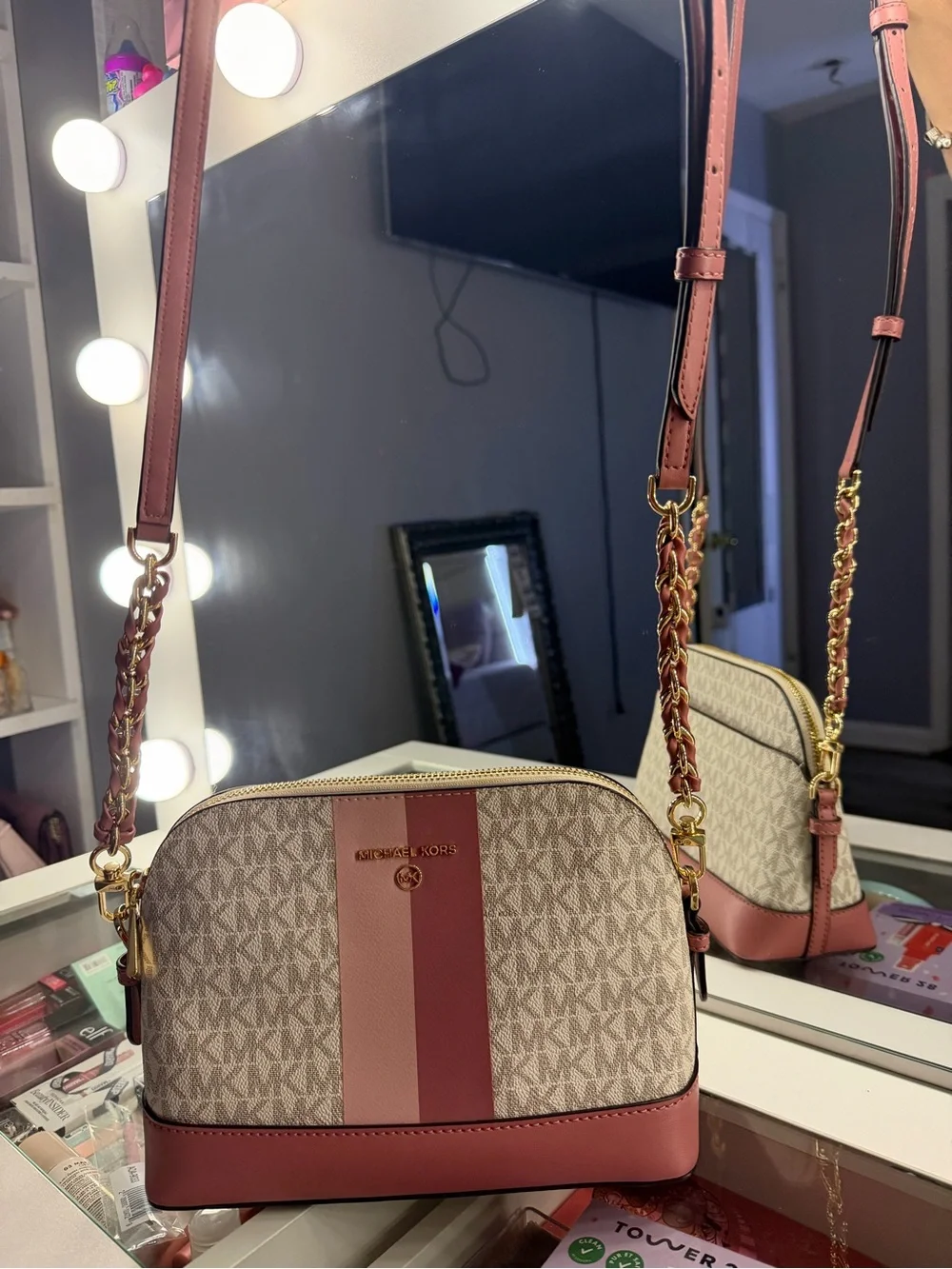 Michael Kors Beige MK Signature Dome Crossbody with Pink Stripes